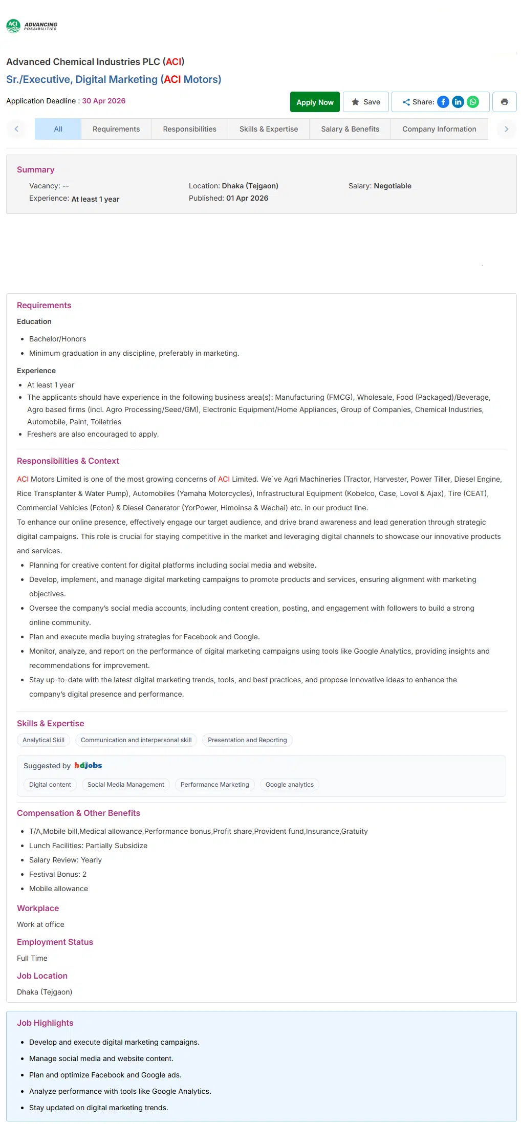 ACI PLC Job Circular 2026 Sr-Executive-Digital-Marketing-ACI-Motors-Advanced-Chemical-Industries-PLC-ACI