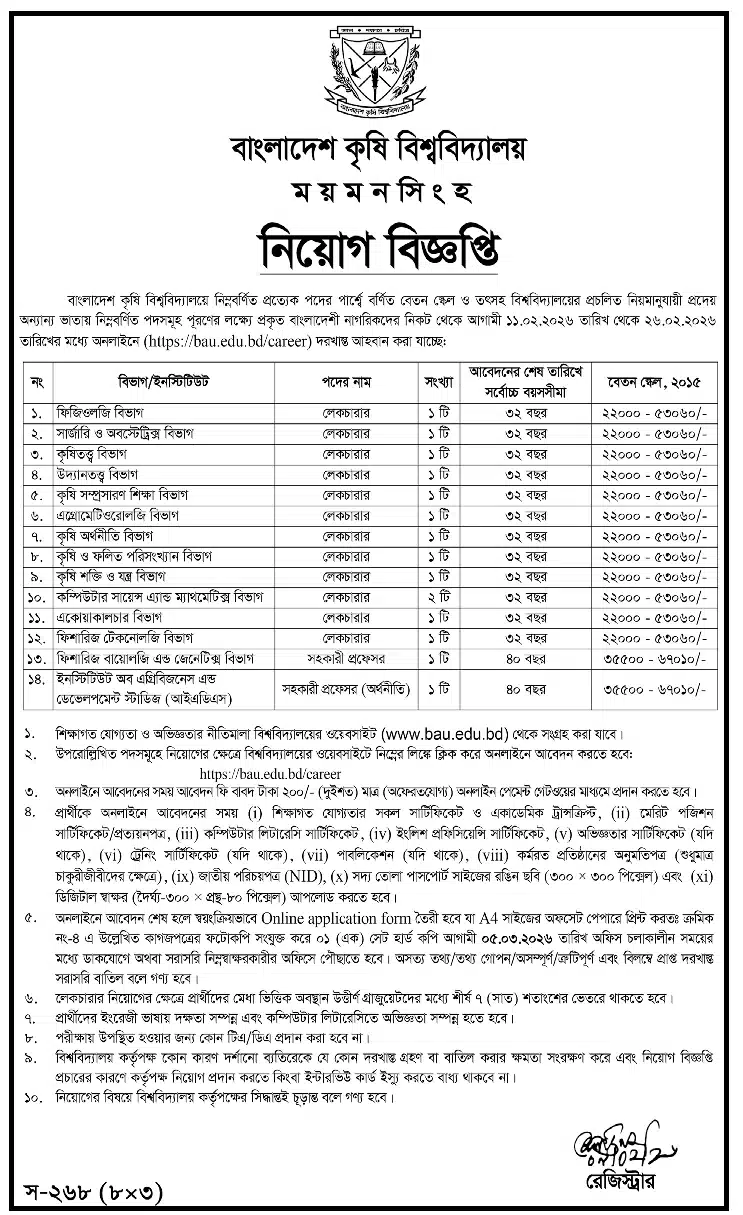 Bangladesh Agricultural University BAU Job Circular 2026