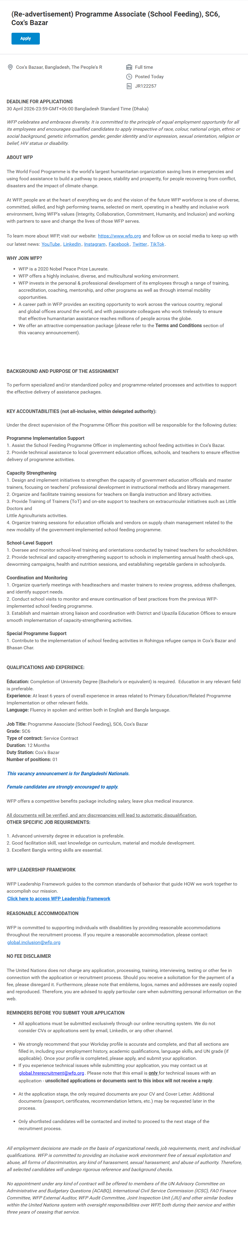 World Food Programme Job Circular 2026 Picture Re-advertisement-Programme-Associate-School-Feeding-SC6-Cox-s-Bazar