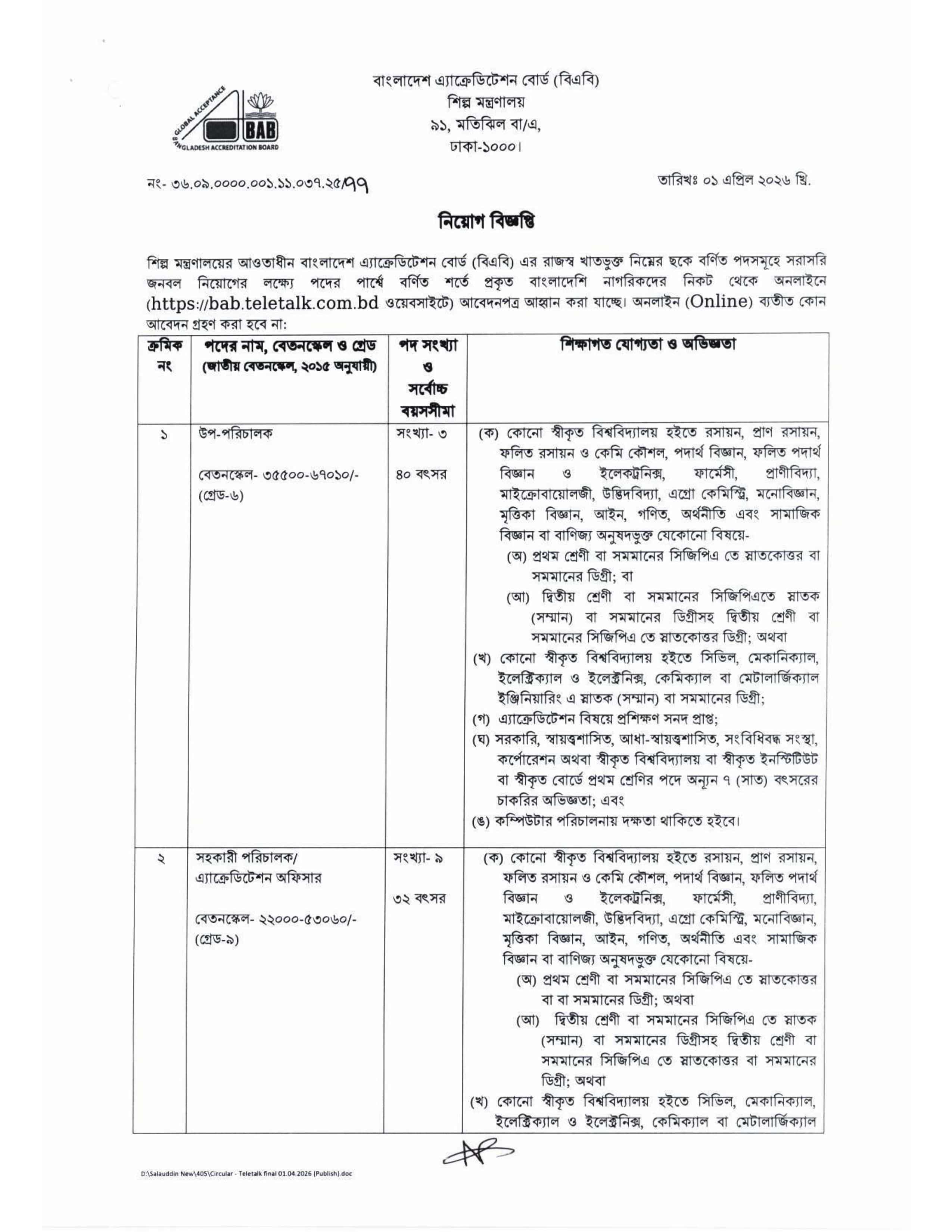 Bangladesh Accreditation Board BAB Job Circular 2026 – bab.teletalk.com.bd (1)