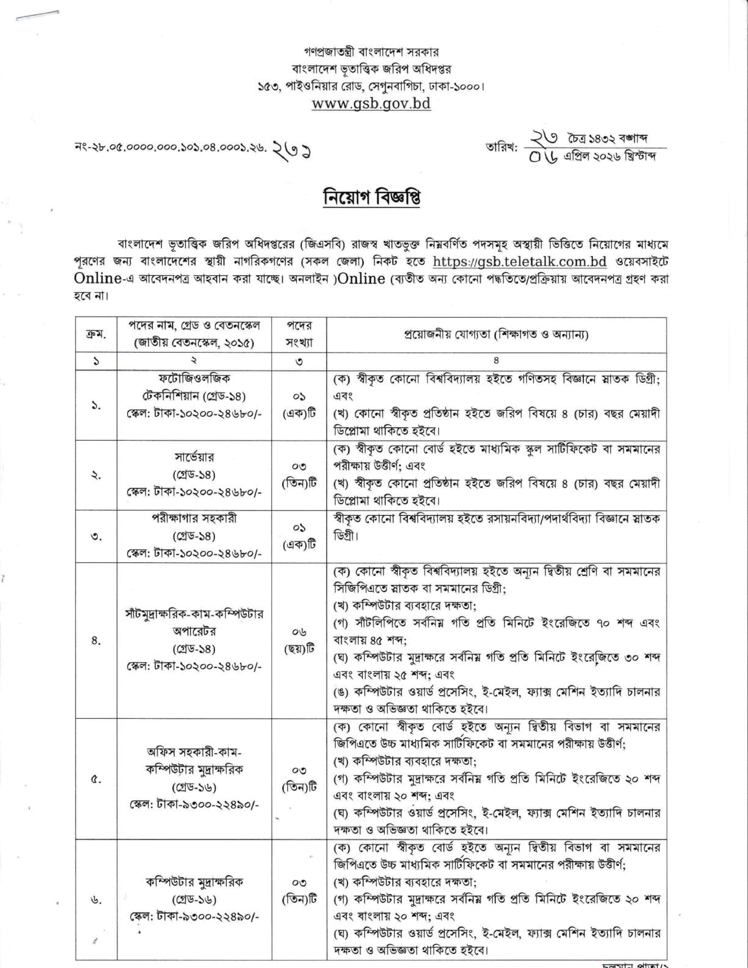 Geological Survey of Bangladesh GSB Job Circular 2026 – gsb.teletalk.com.bd (1)