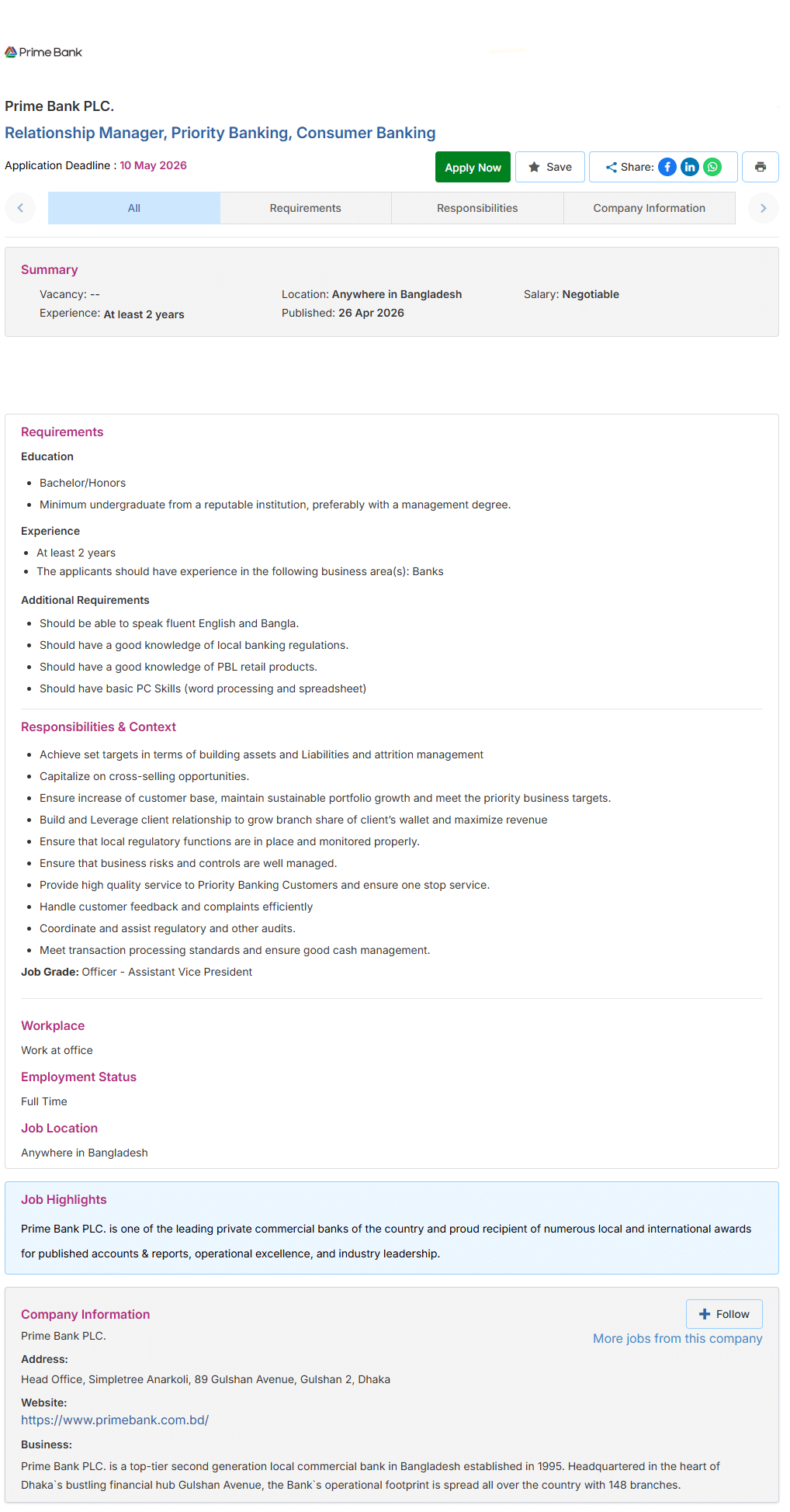 Prime Bank PLC Job Circular 2026 Relationship-Manager-Priority-Banking-Consumer-Banking-Prime-Bank-PLC