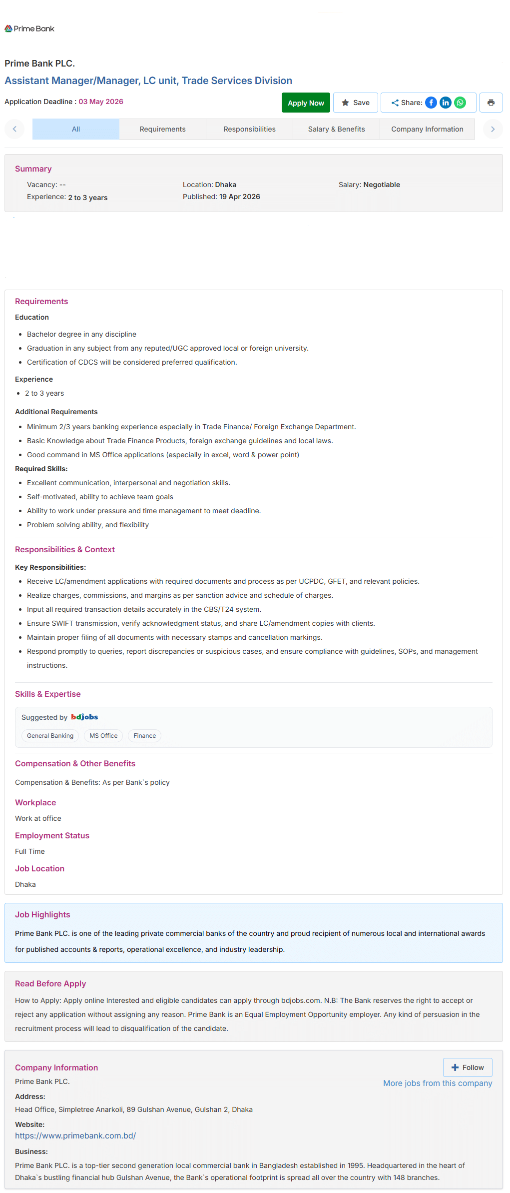 Prime-Bank-PLC Prime Bank 2026 Assistant-Manager-Manager-LC-unit-Trade-Services-Division-Prime-Bank-PLC