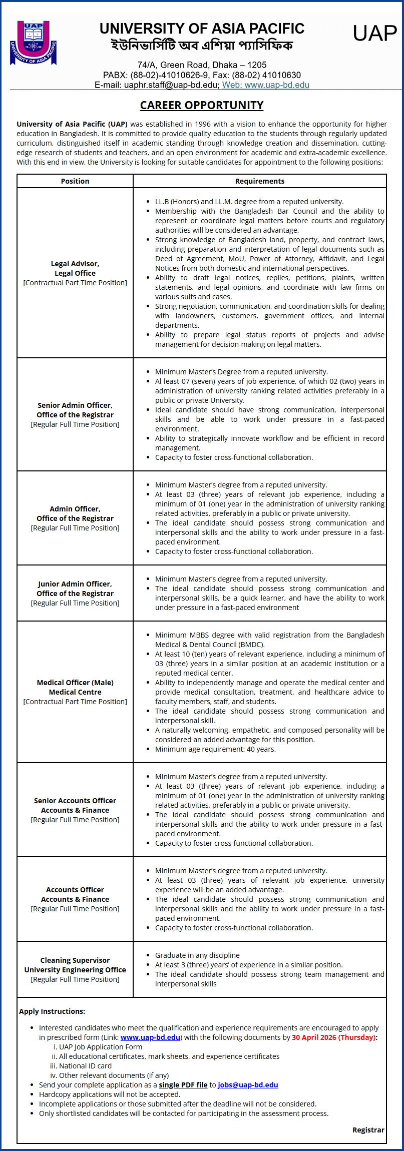 University of Asia Pacific UAP Job Circular 2026 PDF